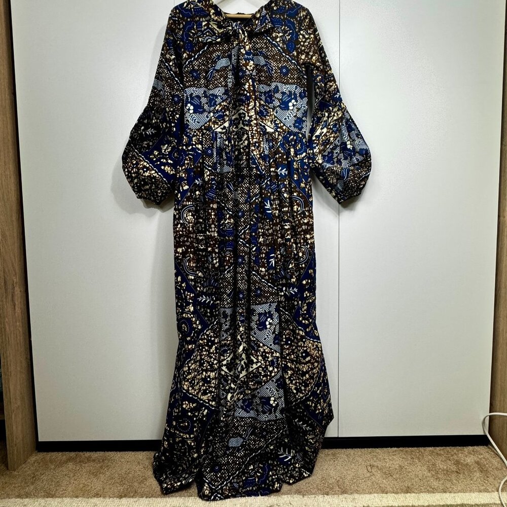 Vibrant Blue & Brown Ankara Tie-neck Kaela Kay Maxi Dress - Made in Canada -10